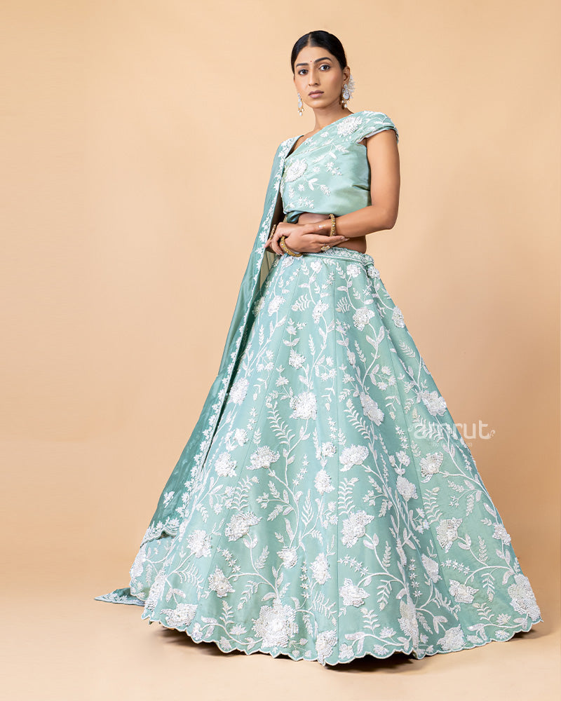 Mint Green Unstitched  Lehenga With Dupatta