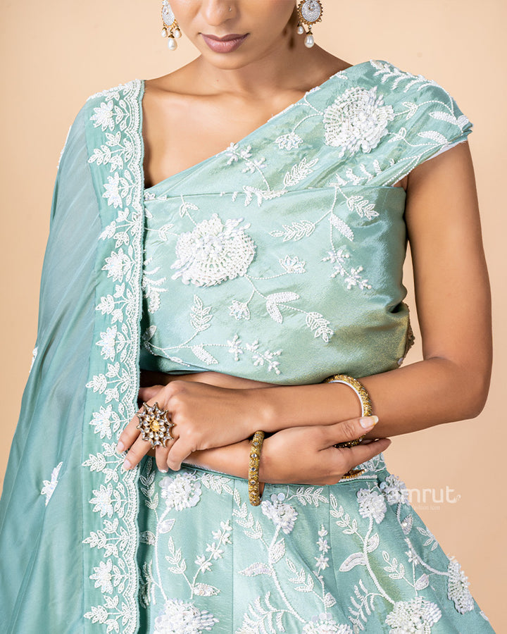 Mint Green Unstitched  Lehenga With Dupatta