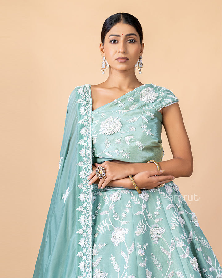 Mint Green Unstitched  Lehenga With Dupatta