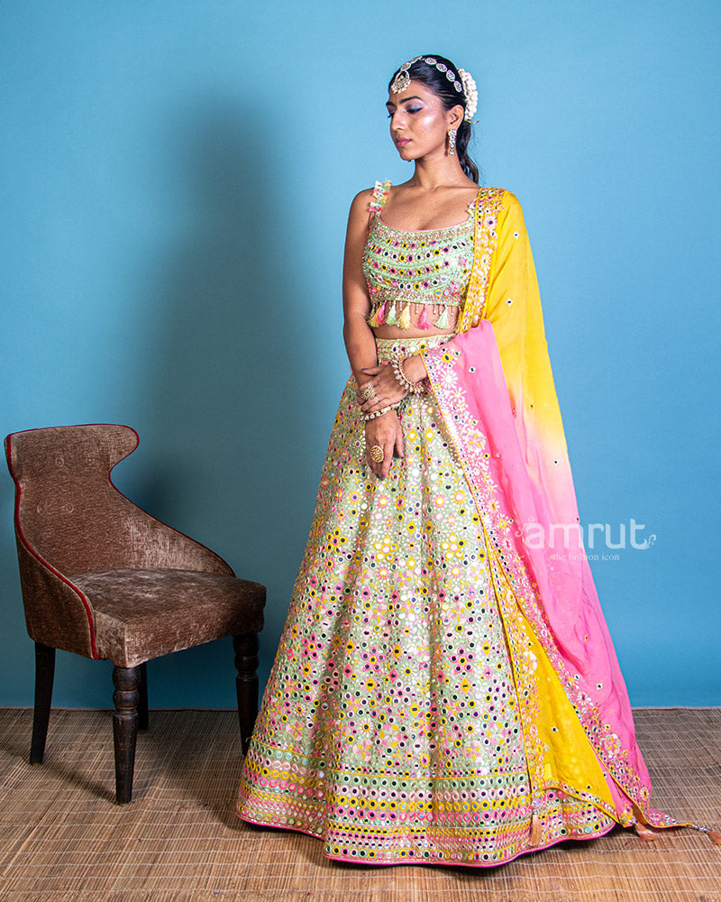 Mint Multi-color Lehenga With Mirror Work and Ombre Dupatta