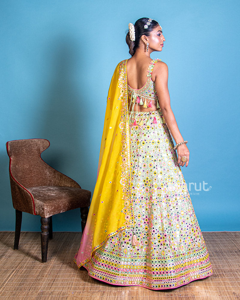 Mint Multi-color Lehenga With Mirror Work and Ombre Dupatta