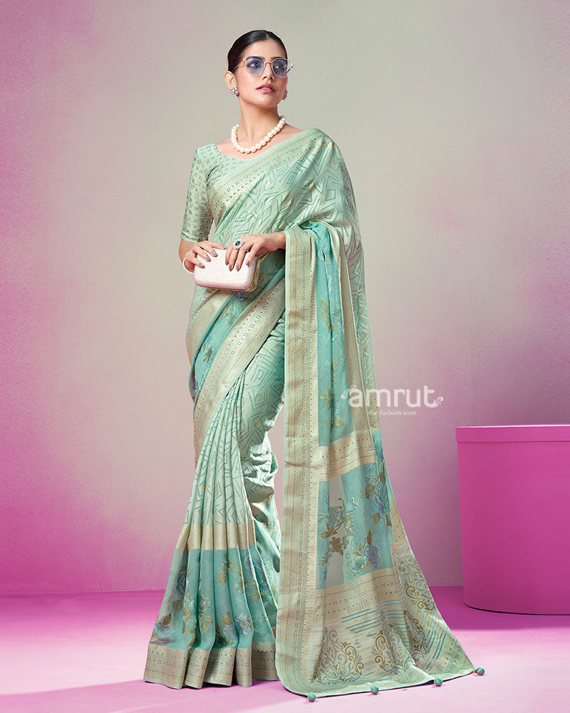 Mint Green Printed Saree with Unstitched Blouse 01