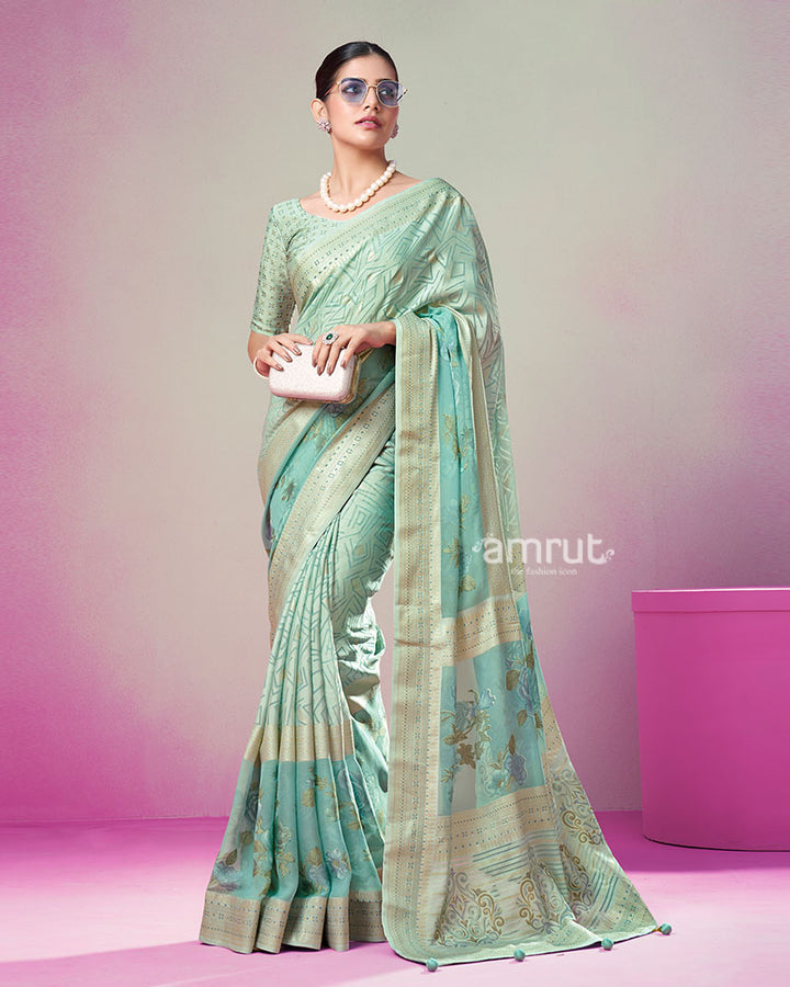 Mint Green Printed Saree with Unstitched Blouse 01