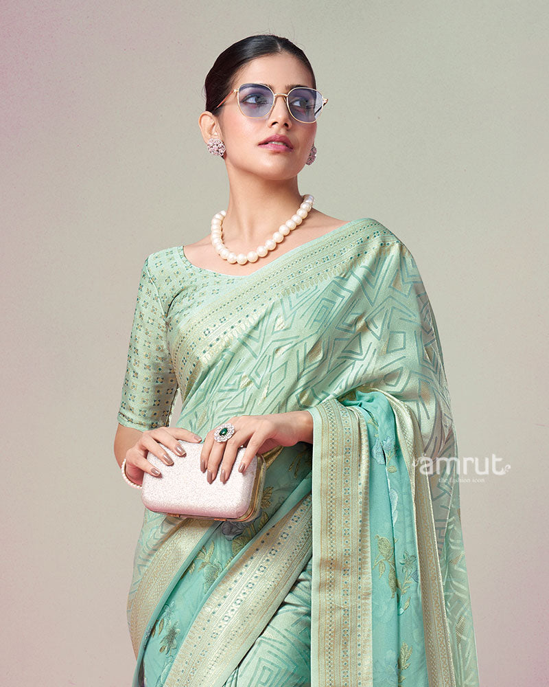 Mint Green Printed Saree with Unstitched Blouse 02