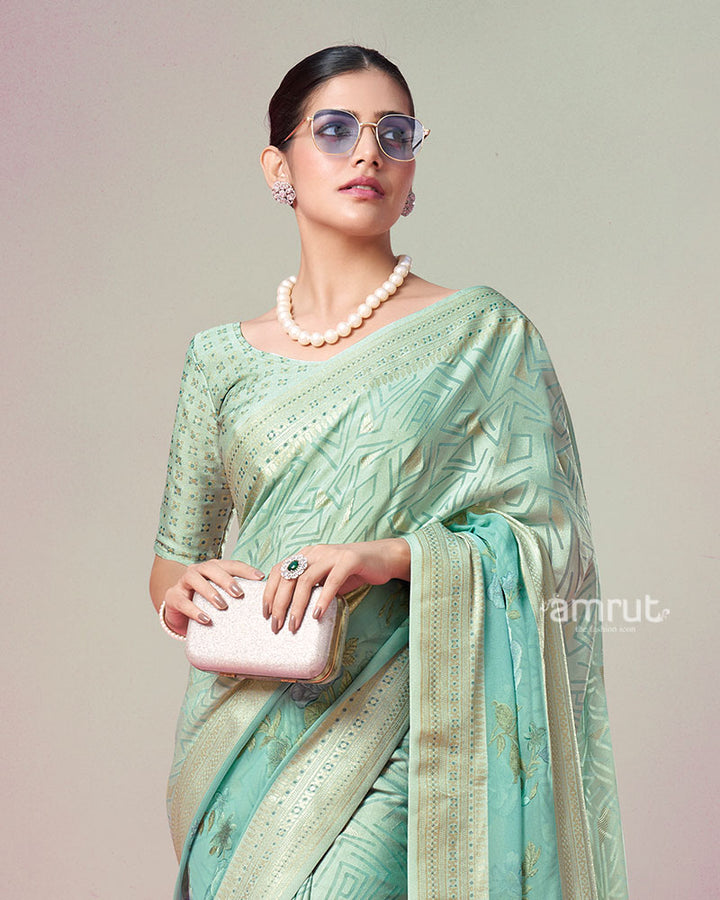 Mint Green Printed Saree with Unstitched Blouse 02