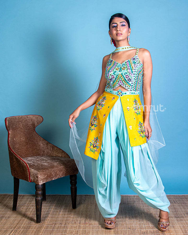 Classic Indo-western Dress with Dhoti and Crop Top