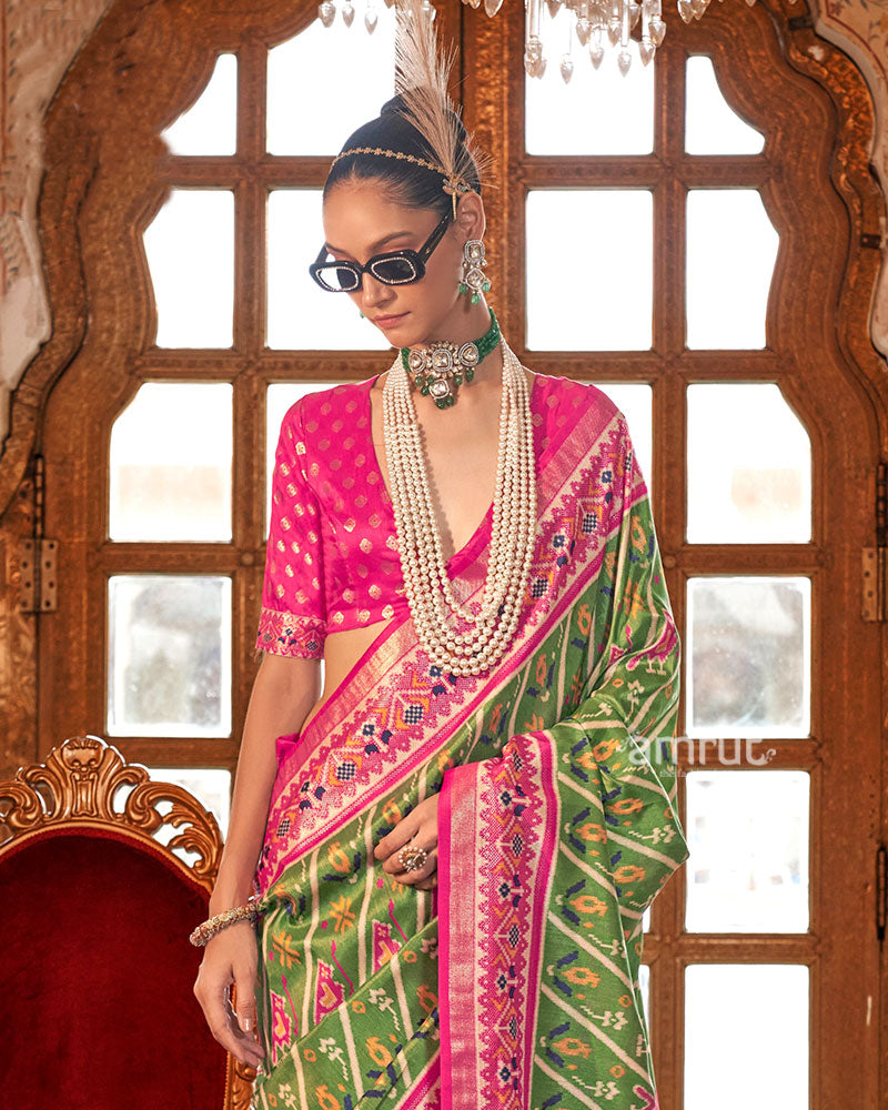 Moss Green Patola Printed Silk Saree with Unstitched Blouse 02