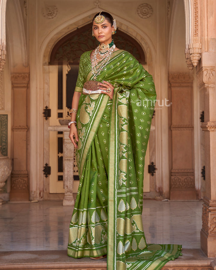 Muddy Green Foil Printed Silk Saree With Zari Woven Pallu and Tassel