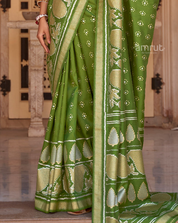 Muddy Green Foil Printed Silk Saree With Zari Woven Pallu and Tassel