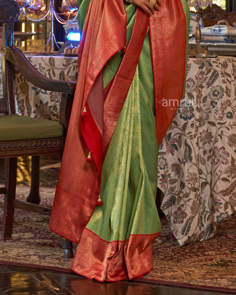 Muddy Green Silk Saree With Unstitched Blouse