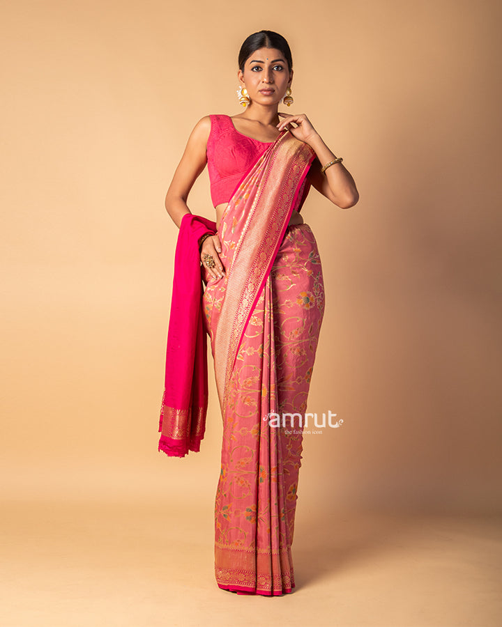 Muddy Pink Floral Foil Printed Silk Saree With Unstitched Blouse