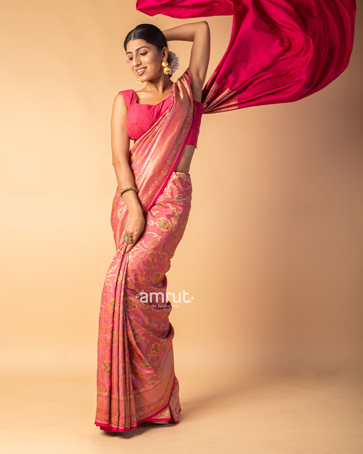 Muddy Pink Floral Foil Printed Silk Saree With Unstitched Blouse