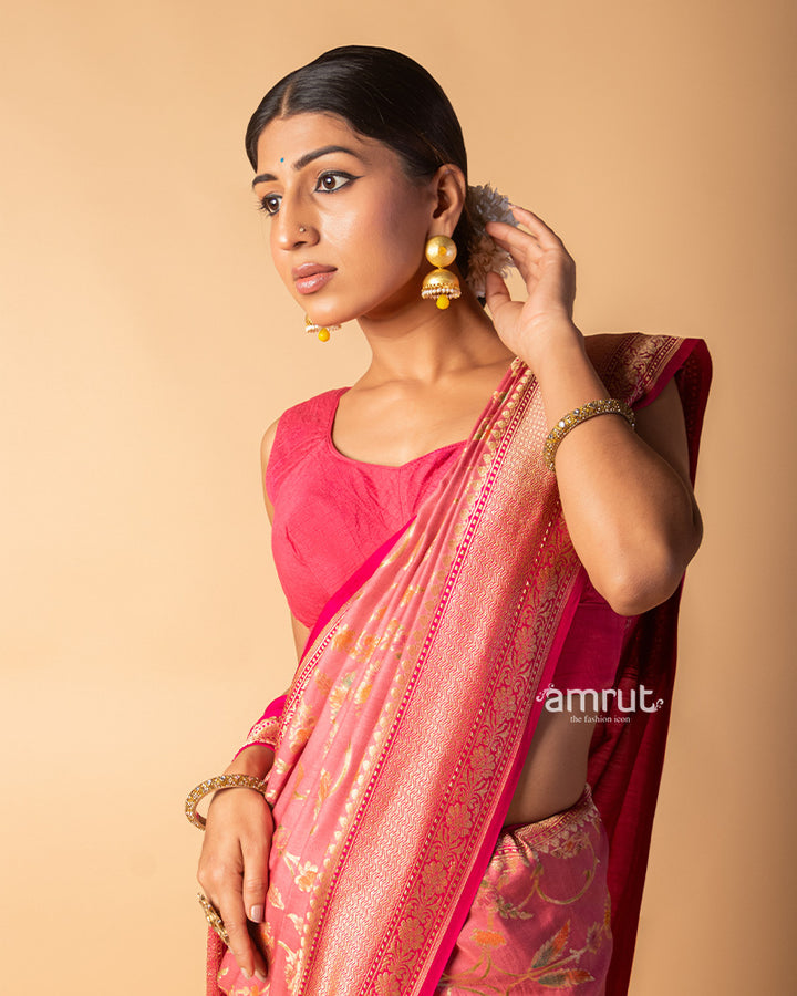 Muddy Pink Floral Foil Printed Silk Saree With Unstitched Blouse