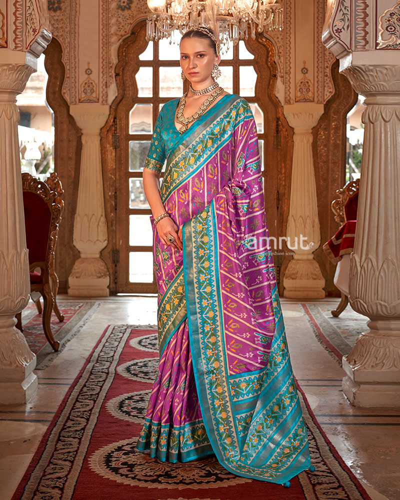 Mulberry Violet Patola Printed Silk Saree with Unstitched Blouse 01