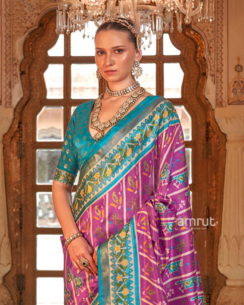 Mulberry Violet Patola Printed Silk Saree with Unstitched Blouse 02