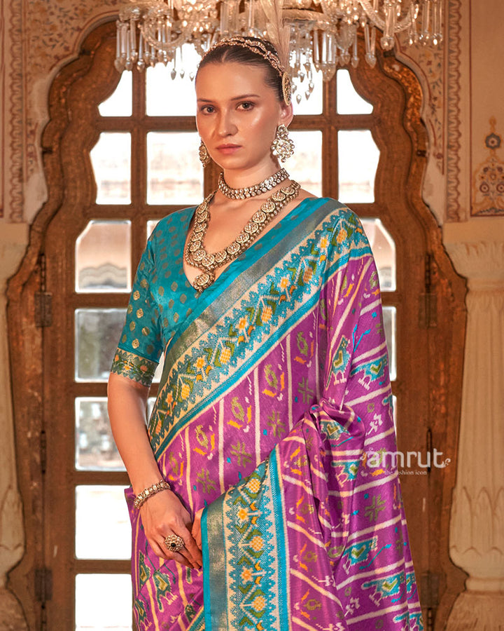 Mulberry Violet Patola Printed Silk Saree with Unstitched Blouse 02