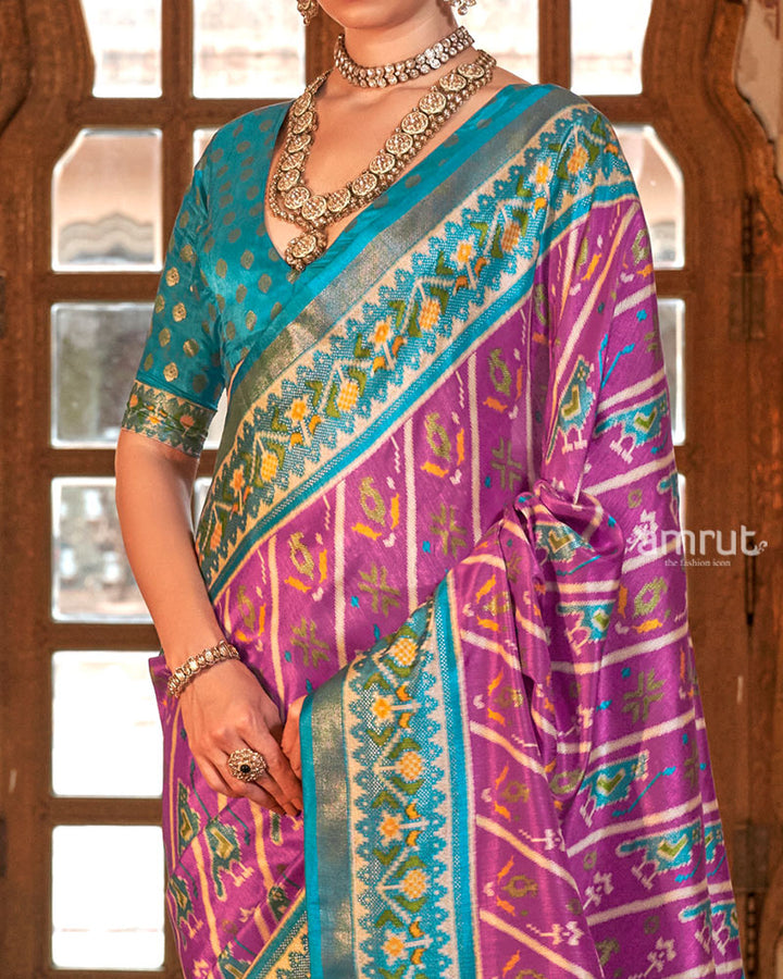 Mulberry Violet Patola Printed Silk Saree with Unstitched Blouse 03