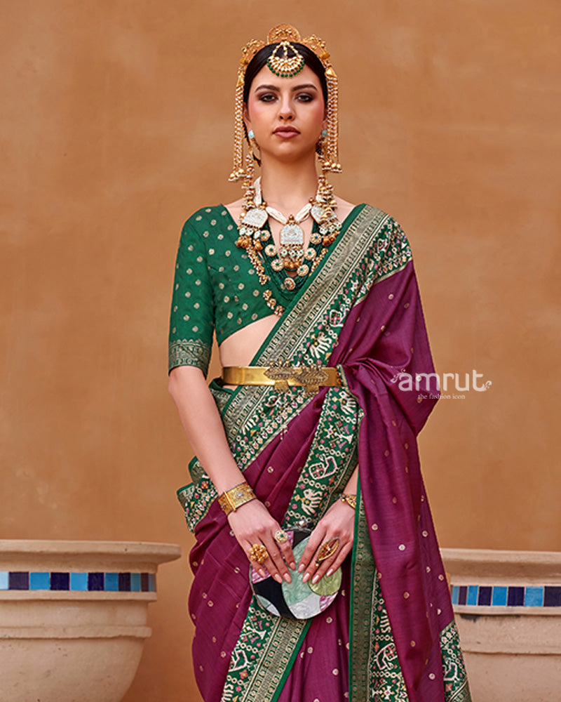 Mulberry Zari Weaving Green Border Saree in Patola Silk with Unstitched Blouse 02