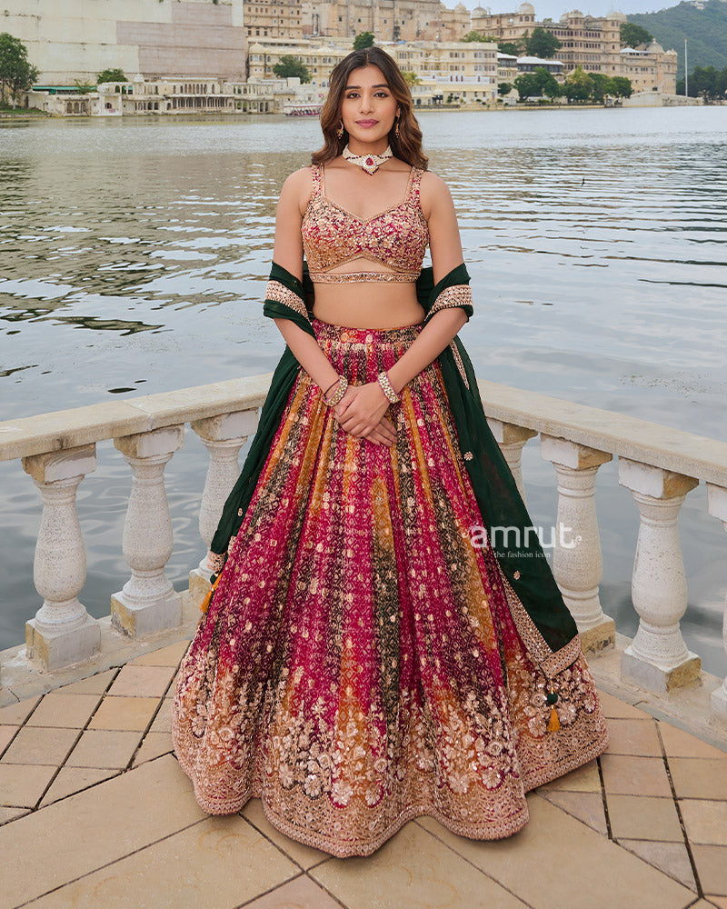 Multi-Color Bandhani Print Lehenga Choli with Dark Green Dupatta