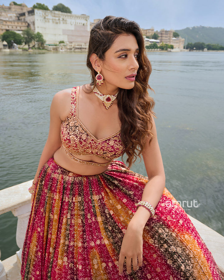 Multi-Color Bandhani Print Lehenga Choli with Dark Green Dupatta 02