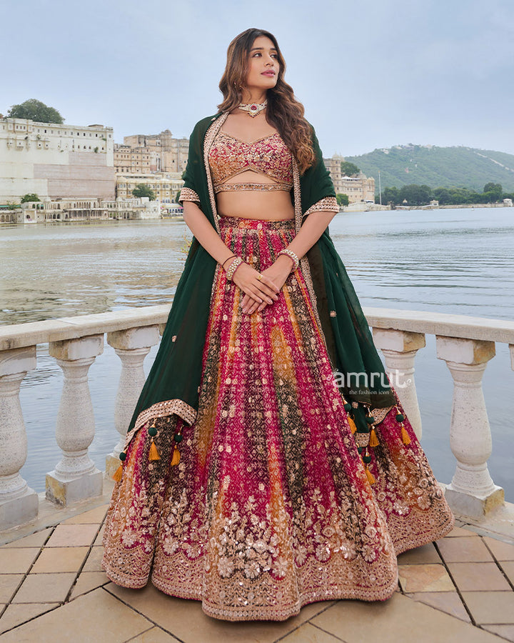 Multi-Color Bandhani Print Lehenga Choli with Dark Green Dupatta 03
