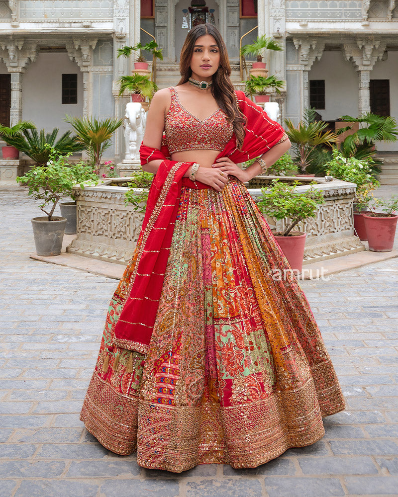 Multi-Color Sequin Striped Lehenga Choli with Red Dupatta 01