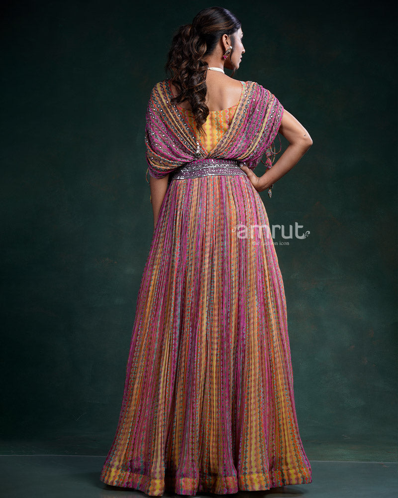 Multi-Colored Embellished Gown with Shimmer Waist Band