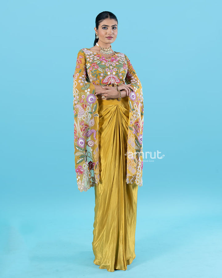 Multi-Colored Embroidered Crop Top with Draped Skirt 01