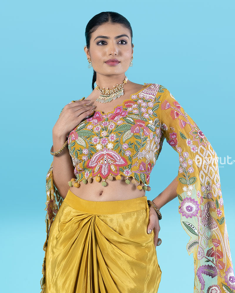 Multi-Colored Embroidered Crop Top with Draped Skirt 02
