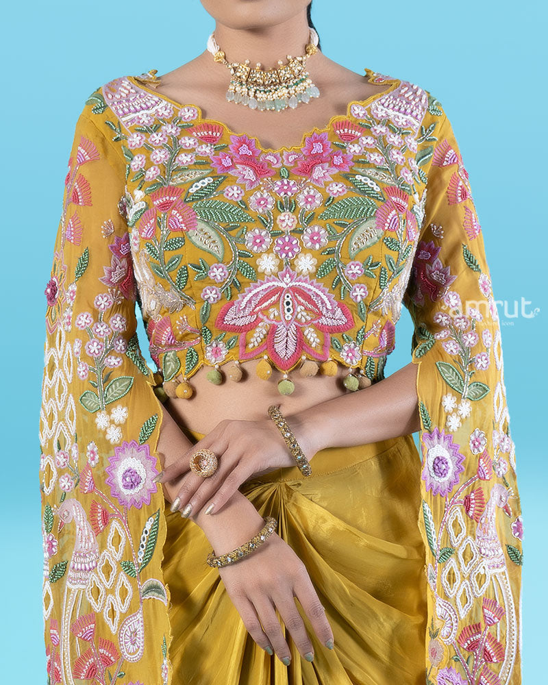 Multi-Colored Embroidered Crop Top with Draped Skirt 03