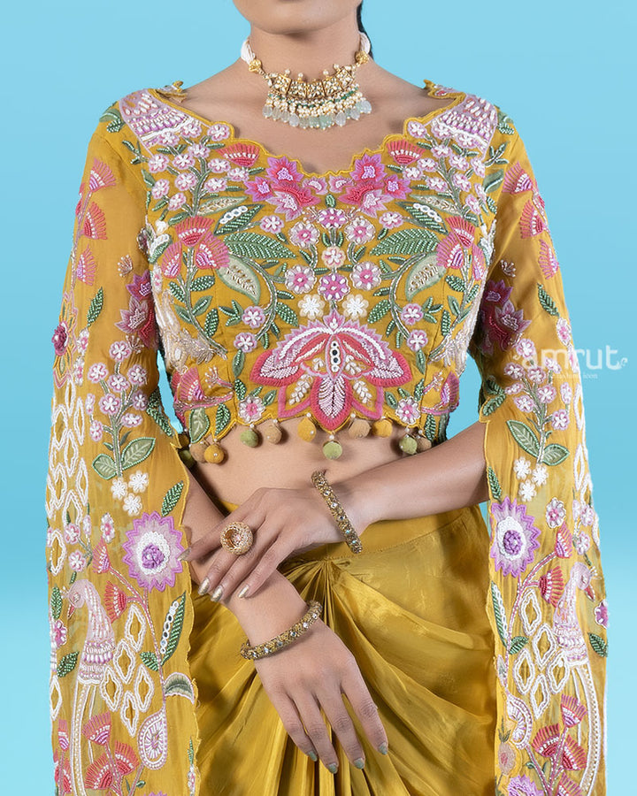 Multi-Colored Embroidered Crop Top with Draped Skirt 03