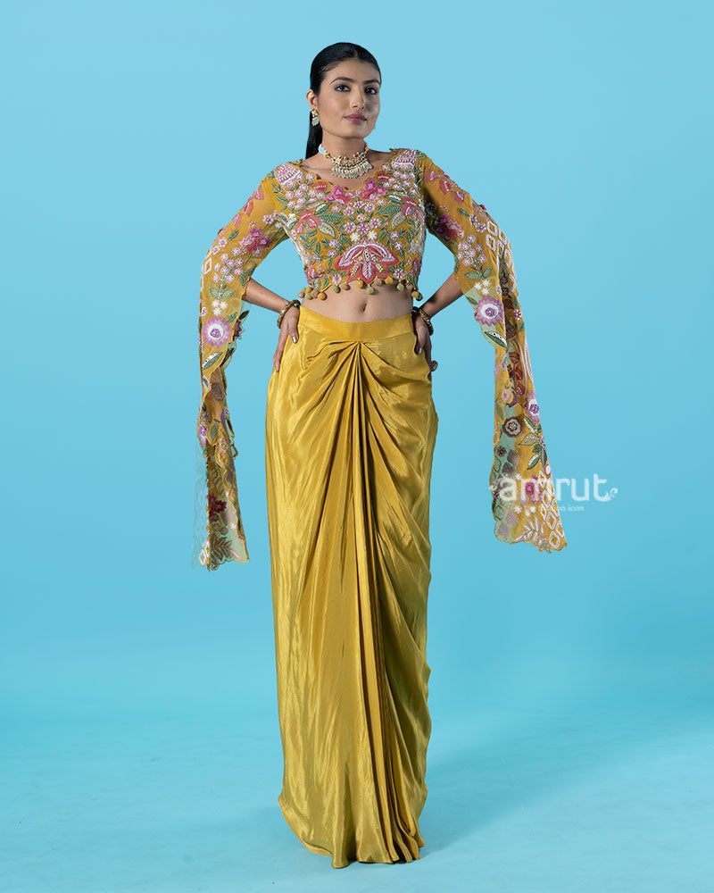Multi-Colored Embroidered Crop Top with Draped Skirt 04