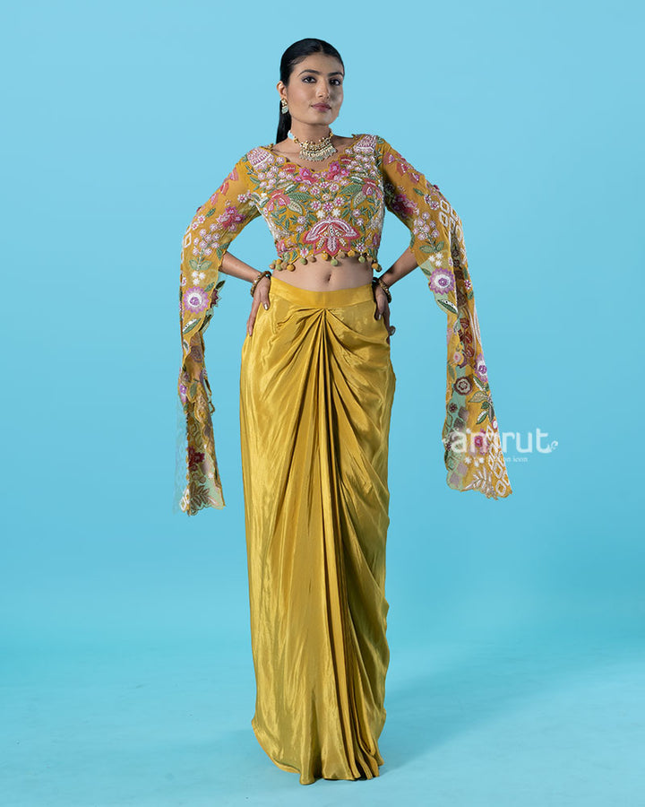 Multi-Colored Embroidered Crop Top with Draped Skirt 04