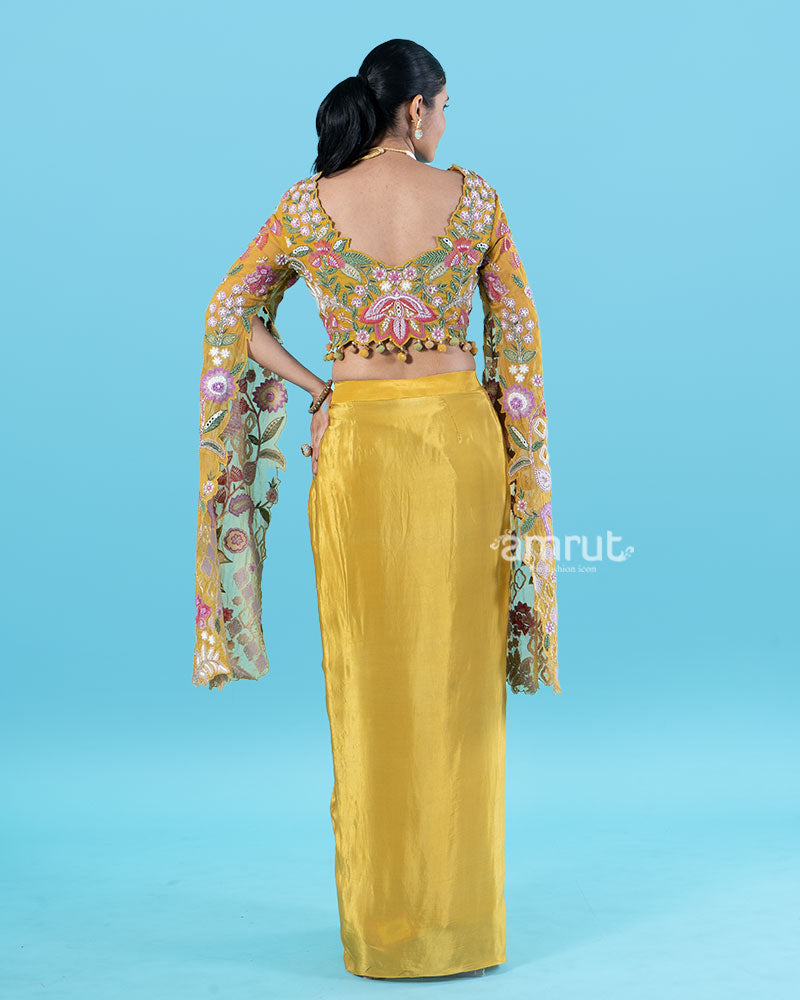 Multi-Colored Embroidered Crop Top with Draped Skirt 05
