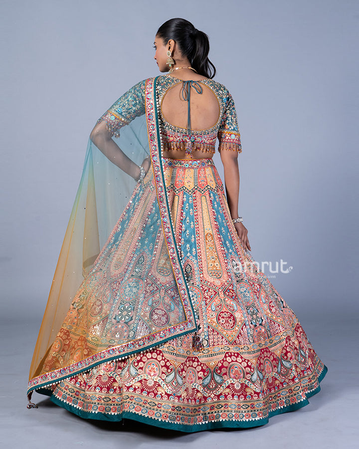 Multi-Colored Embroidered Lehenga and Teal Choli with Ombre Dupatta 05