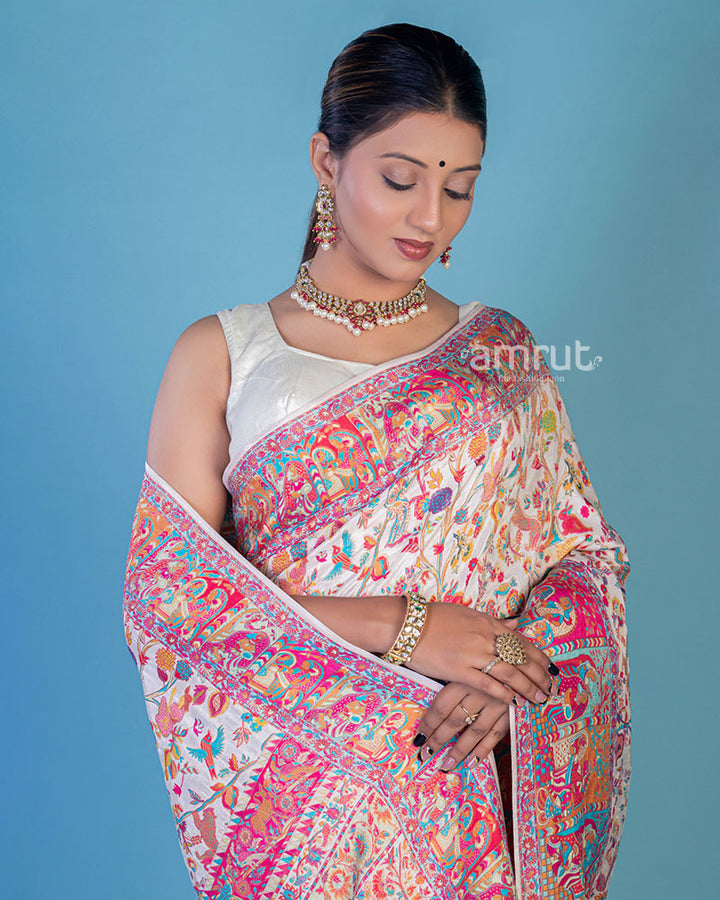 White Multi-color Soft Silk Saree With Unstitched Kashmiri Weaving Blouse