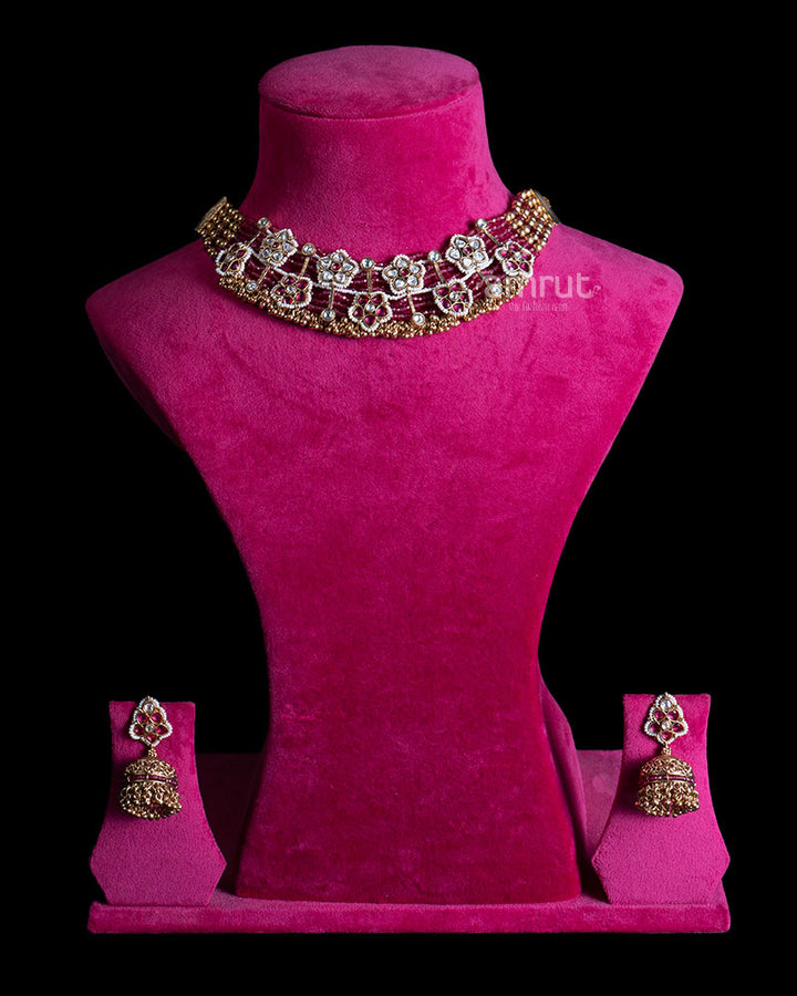 Multi Layered Gold Toned Necklace with Floral Motifs and Ruby Gemstones 01