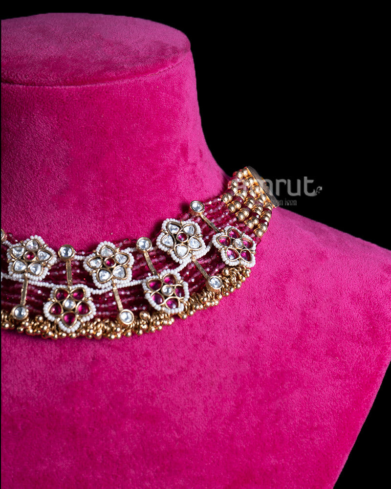 Multi Layered Gold Toned Necklace with Floral Motifs and Ruby Gemstones 02