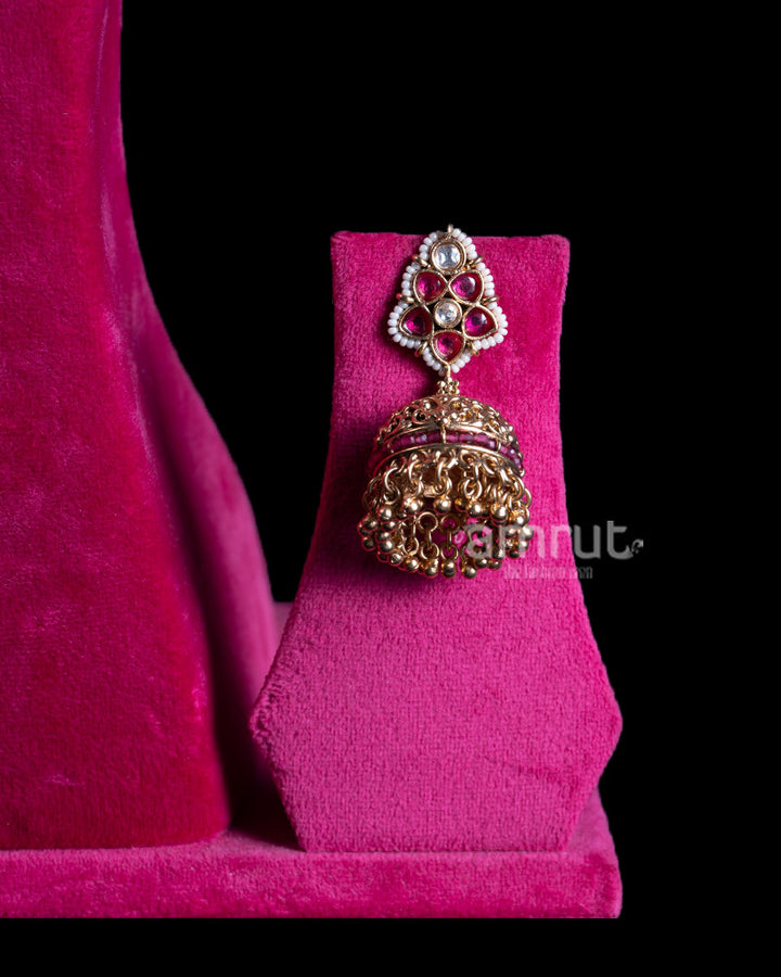 Multi Layered Gold Toned Necklace with Floral Motifs and Ruby Gemstones 03