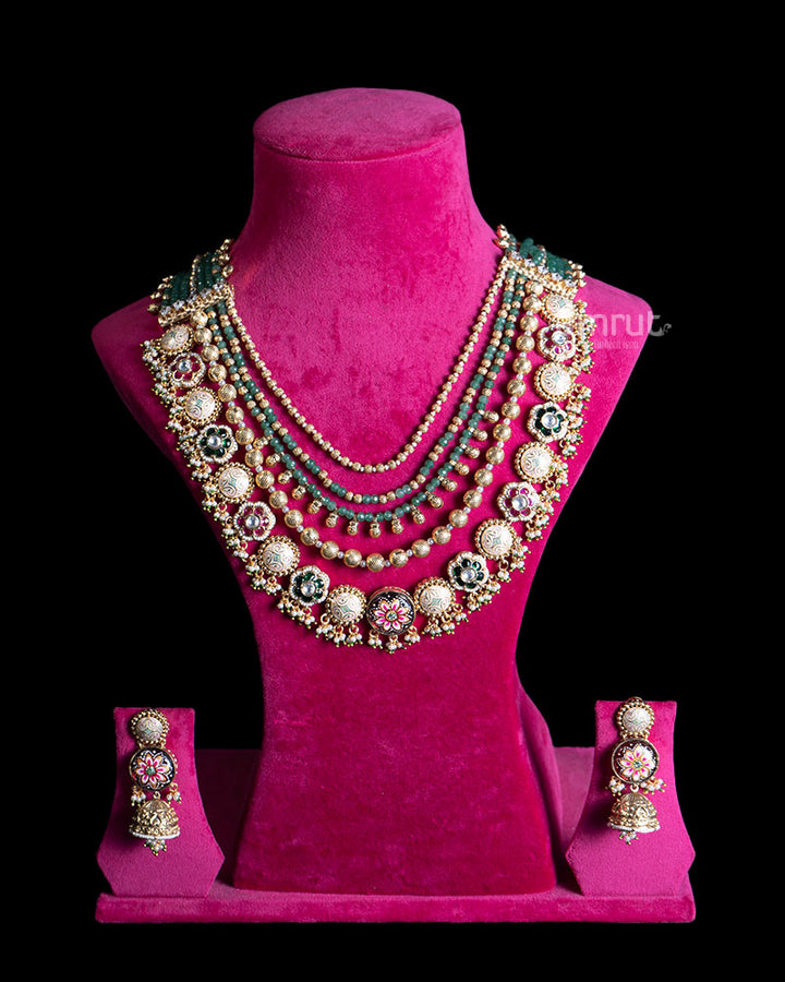Multi Layered Necklace Set with Enamel Medallions and Matching Earrings 01