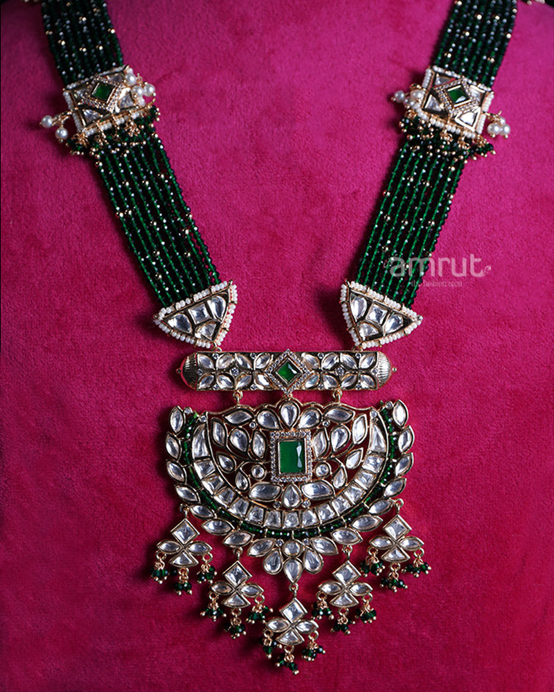 Multi strand Long Beaded Necklace with Emerald Green Stones  02