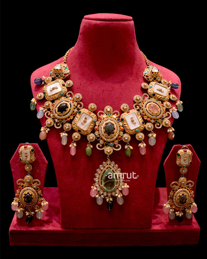 Multicolor Pearls Kundan Necklace With Earrings