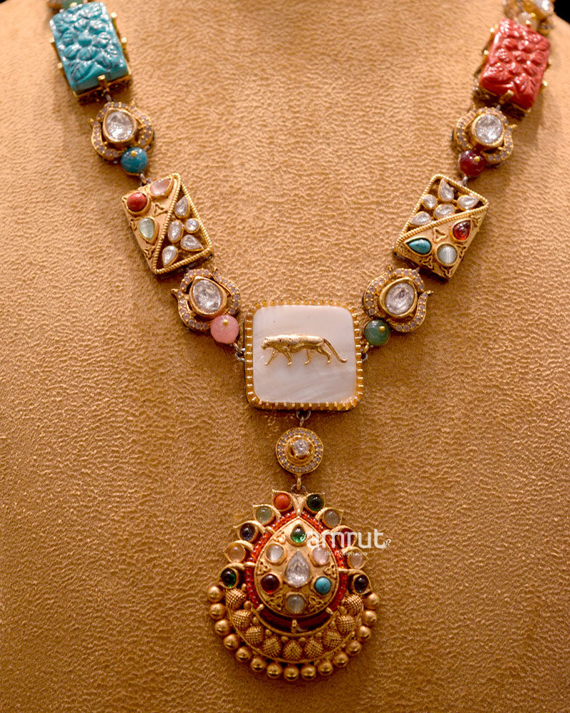 Multicolor Stone Kundan Necklace Set With Earrings