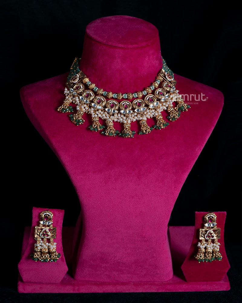 Multicolor Gold-Plated Jadau Kundan Necklace Set with Matching Earrings 01