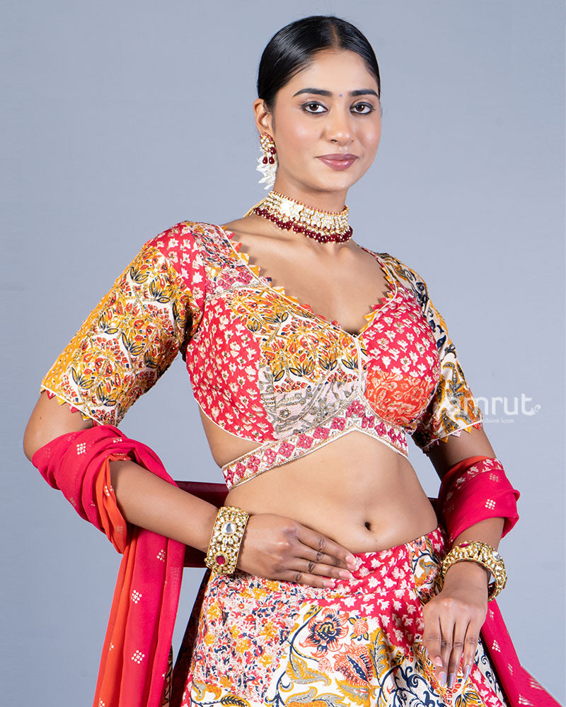 Multicolor Patchwork Lehenga Choli with Ombre Red Dupatta 02