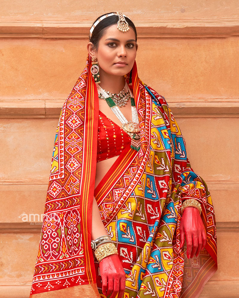 Multicolor Patola Print Traditional Saree With Red Zari Border and Unstitched Blouse 02