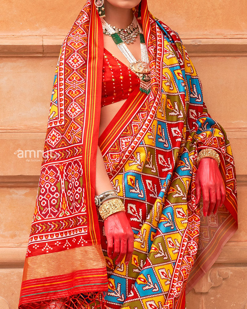 Multicolor Patola Print Traditional Saree With Red Zari Border and Unstitched Blouse 03