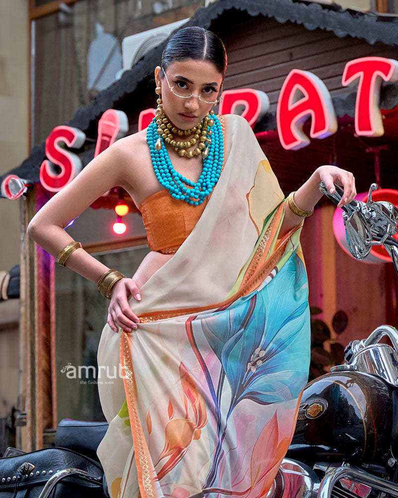 Multicolored Abstract Floral Print Saree on Cream Beige Base with Unstitched Blouse 02