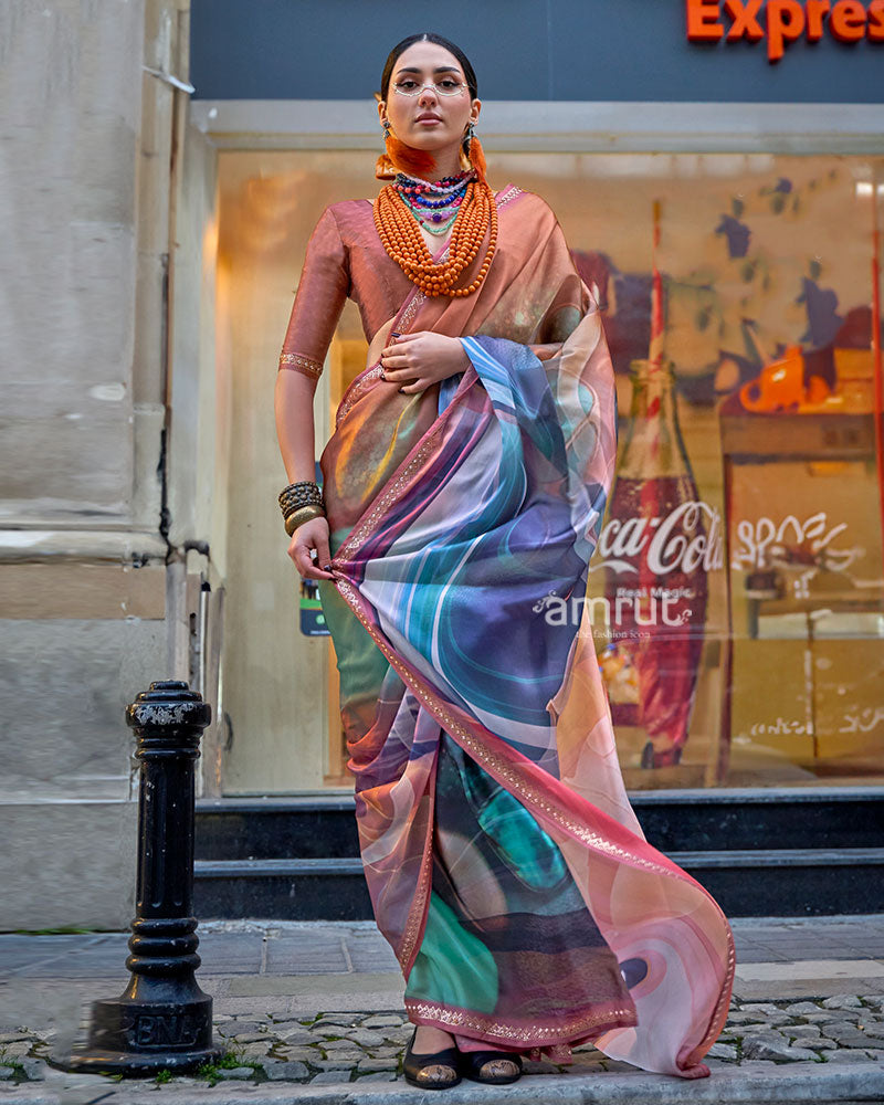 Multicolored Marbled Print Saree with Gold-Peach Border and Unstitched Blouse 01