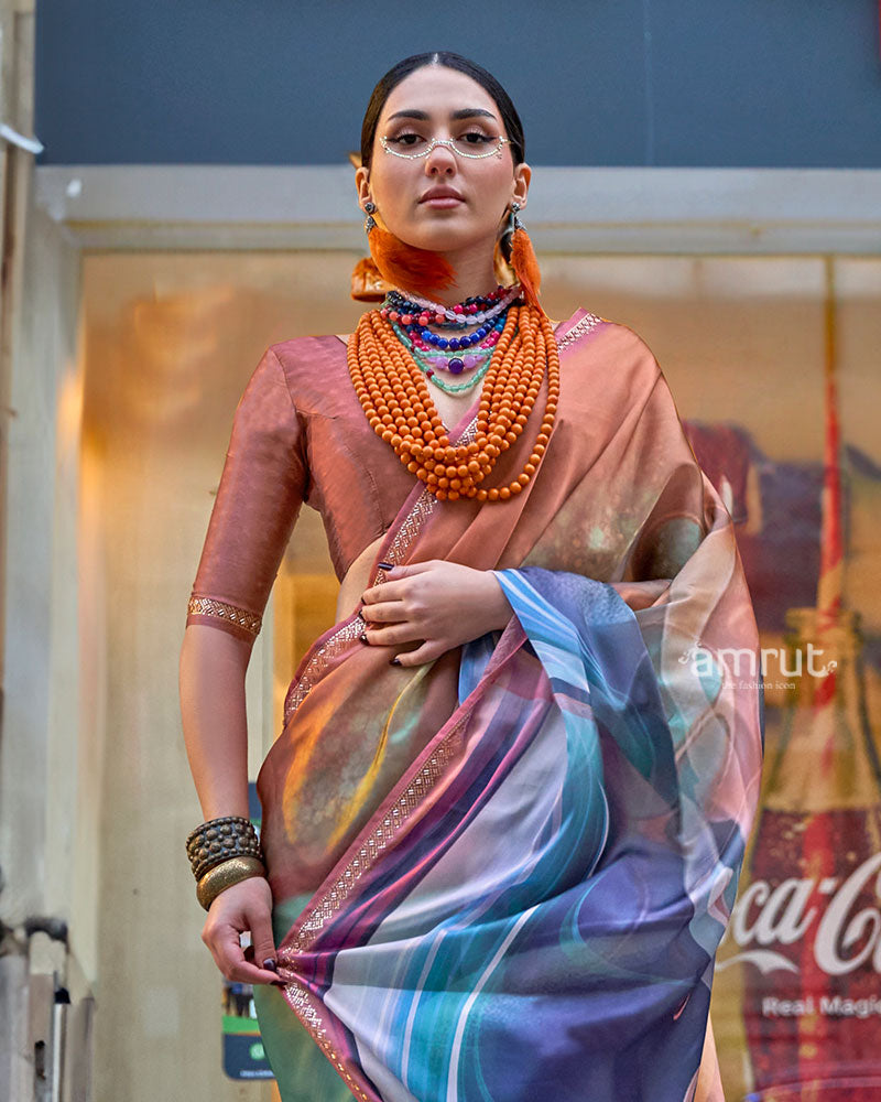 Multicolored Marbled Print Saree with Gold-Peach Border and Unstitched Blouse 02